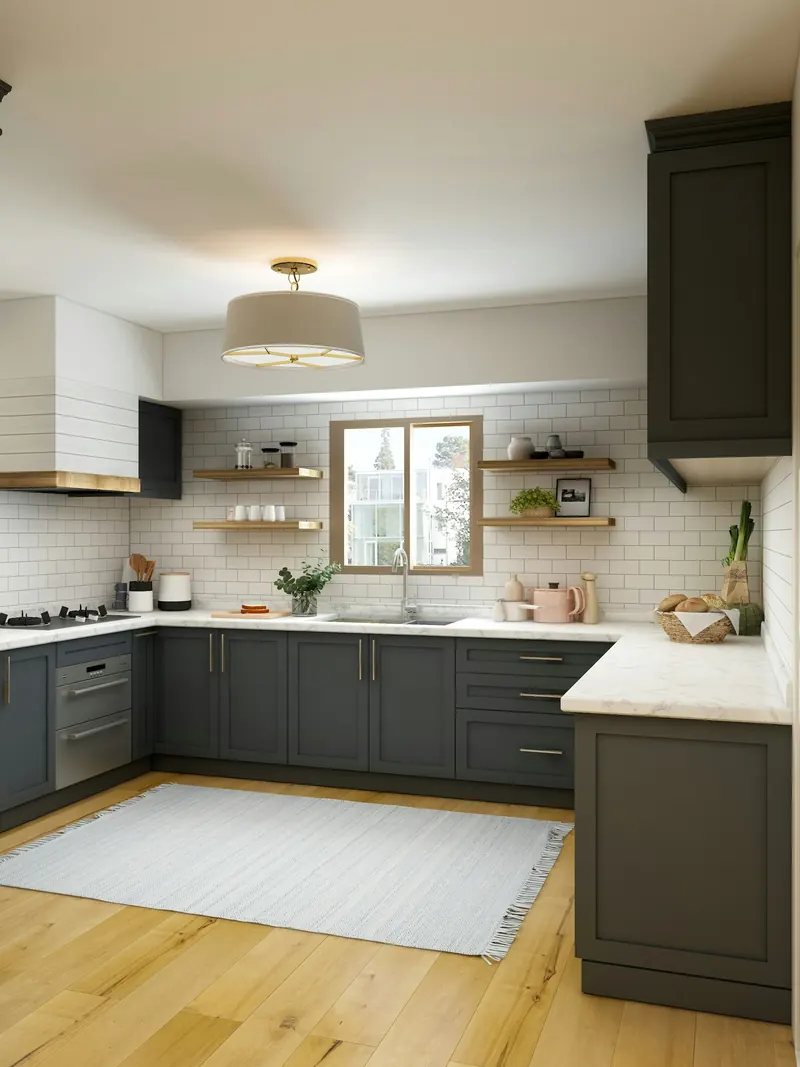 Modular kitchen with charcoal base cabinets, open shelves and a white countertop