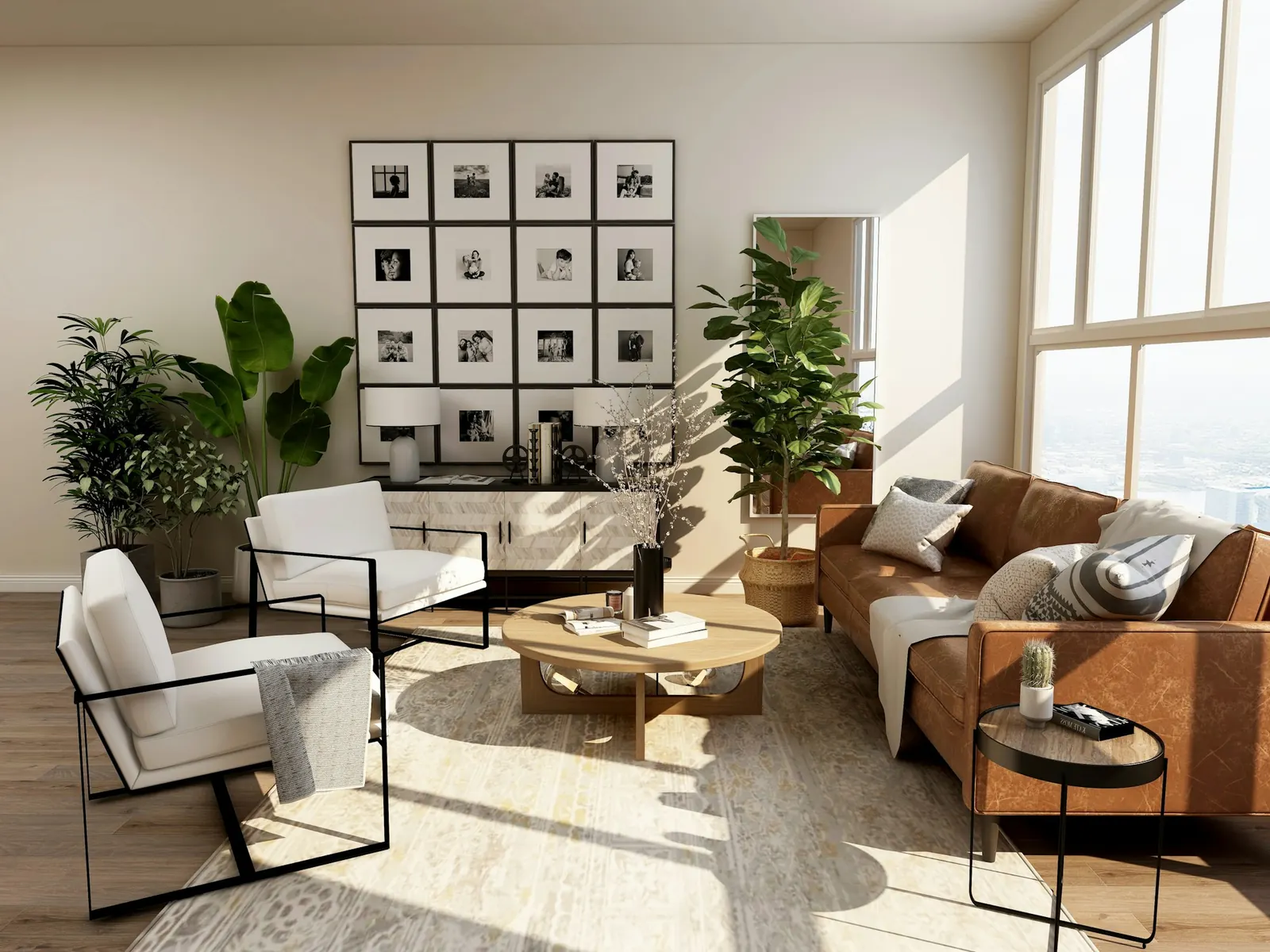 Bright living room with tall windows, a leather sofa and indoor plants