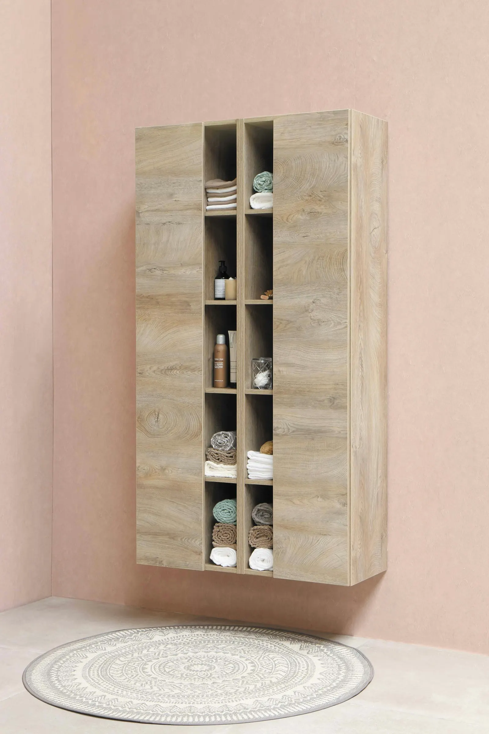 Light oak wardrobe with open shelves and closed storage